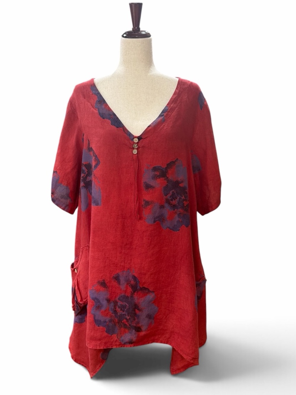 Italian Linen Tunic Top/Dress Red with Bold Watercolor Floral Print